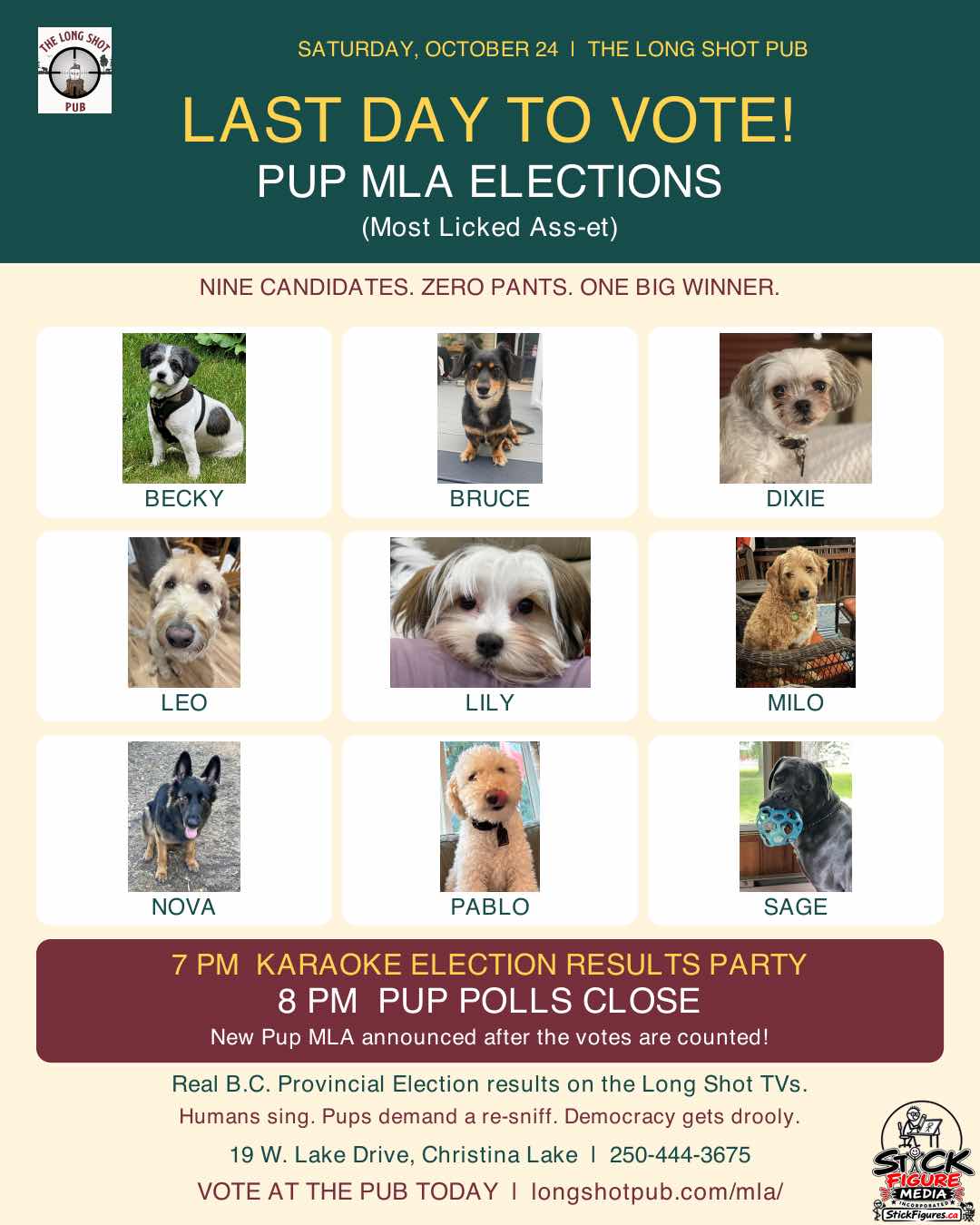 Last Day to Vote for the Christina Lake MLA (Most Licked Ass-et) - Polls Close at the Long Shot Pub at 8:00 pm during the Karaoke Elections Result Party (starts at 7 pm).
